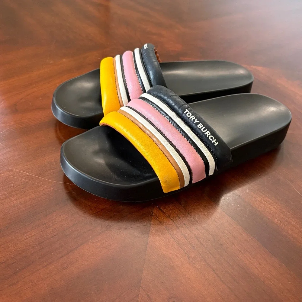 Tory Burch Slides Sandals 9 Striped Rainbow Padded Leather Sporty Slip On Womens